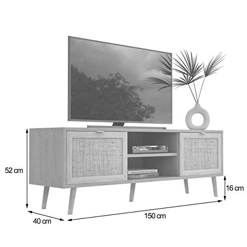 Newfurn TV Lowboard Sonoma Eiche Rattan Optik TV Schrank Modern Skandinavisch – 150x52x40 cm (BxHxT) – Fernsehtisch TV Board Rack Boho – [Mila.Eight] Wohnzimmer - 4