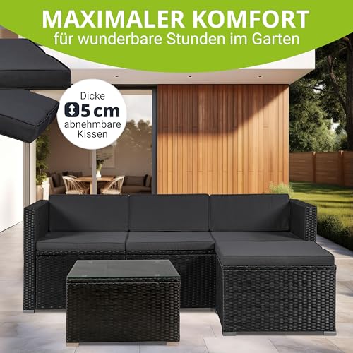 ArtLife Polyrattan Lounge Punta Cana M schwarz – Gartenlounge Set für 3-4 Personen – Gartenmöbel-Set mit Sofa, Tisch und Hocker – Sitzbezüge in Dunkelgrau - 3