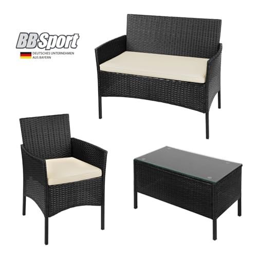 BB Sport 7-teilige Polyrattan Sitzgruppe für 4 Personen inkl. Sitzpolster und Tisch Balkonmöbel Set Sitzgarnitur, Farbe:Titan-Schwarz/Sandstrand - 2