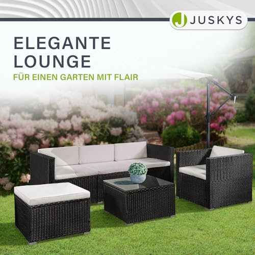 Juskys Polyrattan Lounge Punta Cana L schwarz — Gartenlounge Set für 4-5 Personen — Gartenmöbel-Set mit Sessel, Sofa, Tisch & Hocker – Sitzbezüge in Creme - 4